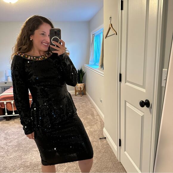 Vintage Swee Lo Black Gem Sequin Long Sleeve Mini Dress Medium - Picture 4 of 11